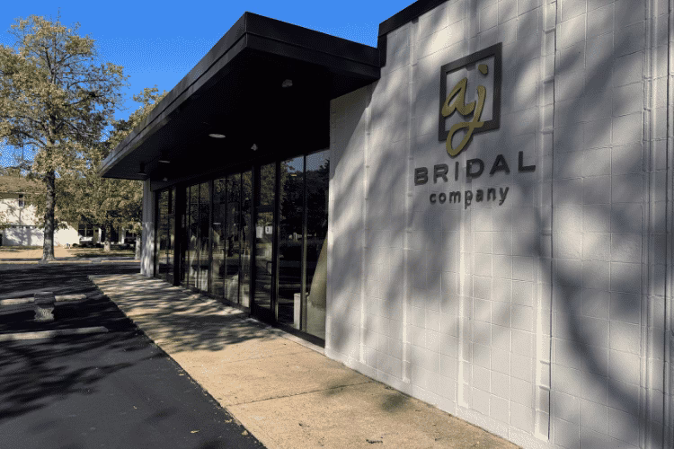Exterior of AJ Bridal Company building with the AJ Bridal Company sign