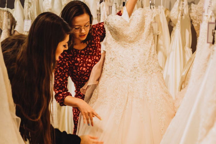 Bride and bridal consultant examining a lace wedding dress in a bridal boutique